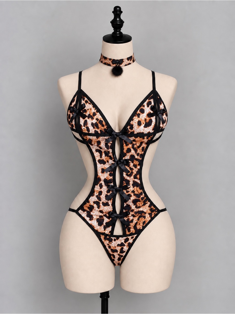 Leopard Print Lace-Up Top & Panty Set - Black Trim